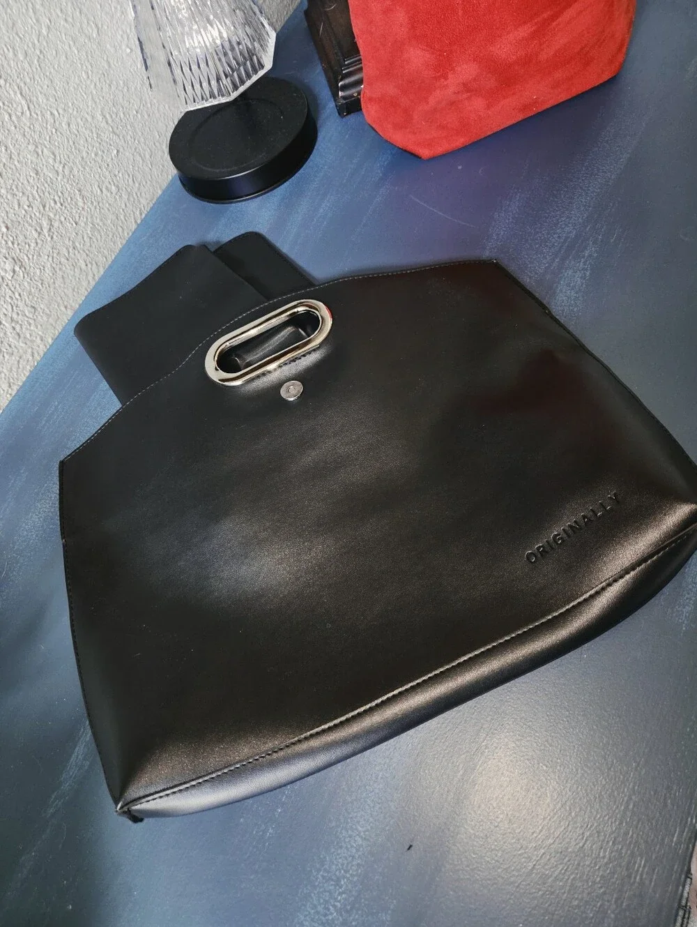Originally Black Structured Tote Bag Silver Oval Handles Modern Minimalist